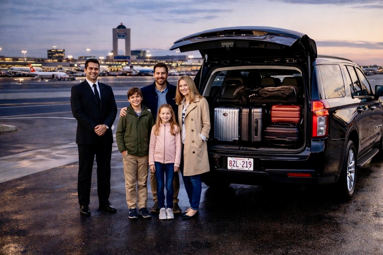 Family using Boston airport car service SUV with luggage for Logan Airport transfer