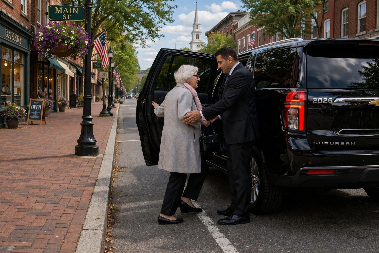 Older woman enjoying comfortable Boston chauffeur car service with professional driver assistance